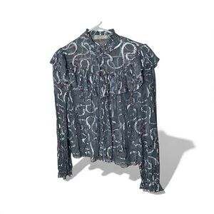 Loveshackfancy Erica metallic ruffled silk blouse in “silver lake blue”